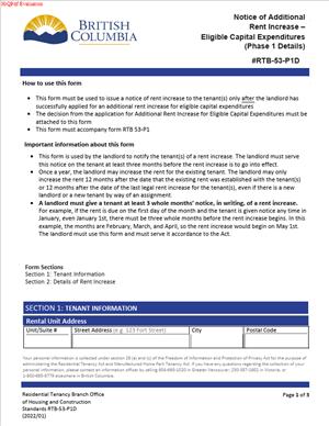 RTB-53-P1D – Notice of Additional Rent Increase – Eligible Capital Expenditures (Phase 1 Details)
