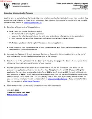 FORM T1 – Tenant Application for a Rebate of Money the Landlord Owes