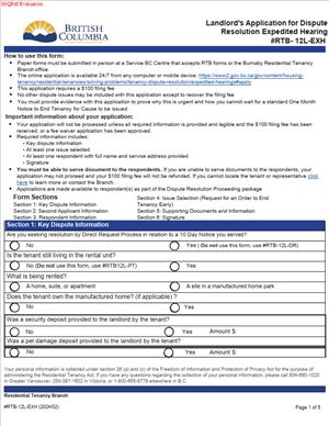 RTB-12L-EXH Landlord’s Application for Dispute Resolution Expedited Hearing