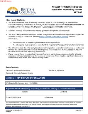 RTB-36 – Request for Alternate Dispute Resolution Proceeding Format