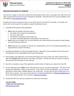 FORM L6 – Application for Review of a Work Order about Provincial Maintenance Standards