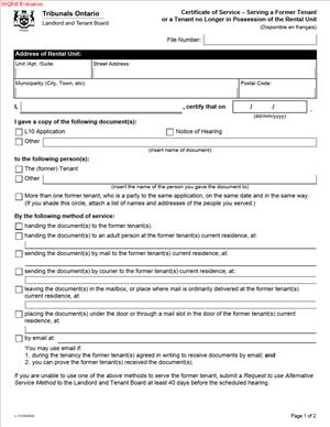 Certificate of Service – Serving a Former Tenant or a Tenant no Longer in Possession of the Rental Unit