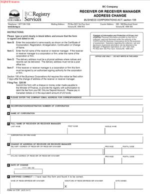 Form 8 – Notice of Change of Address of Receiver or Receiver Manager