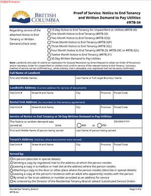 RTB-34 – Proof of Service Notice to End Tenancy and Written Demand to Pay Utilities