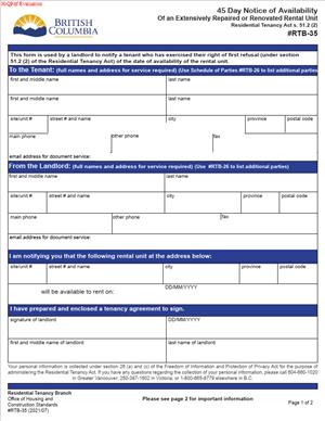 RTB-35 – 45 Day Notice of Availability Of an Extensively Repaired or Renovated Rental Unit