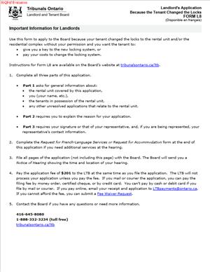 FORM L8 – Landlord’s Application Because the Tenant Changed the Locks