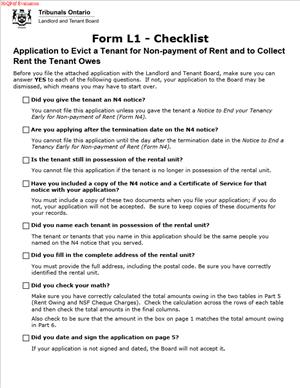 FORM L1 – Application to Evict a Tenant for Non-payment of Rent and to Collect Rent the Tenant Owes