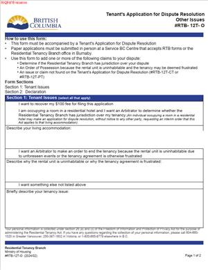 RTB-12T-O – Tenant’s Application for Dispute Resolution – Other Issues