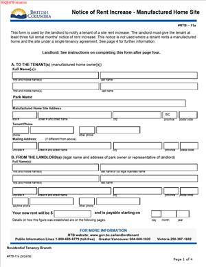 RTB-11a – Notice of Rent Increase – Manufactured Home Site