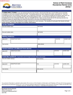 RTB-7 – Notice of Rent Increase – Residential Rental Units