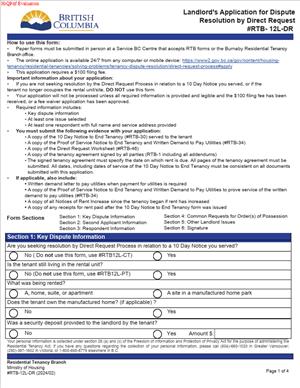 RTB-12L-DR – Landlord’s Application for Dispute Resolution by Direct Request