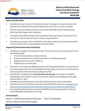 RTB-56A – Notice of Manufactured Home Park Rule Change – No Park Committee