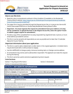 RTB-42T – Tenant Request to Amend an Application for Dispute Resolution