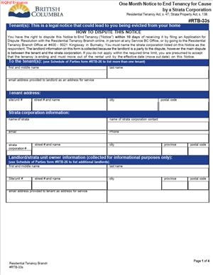 RTB-33s- One Month Notice to End Tenancy for Cause by a Strata Corporation