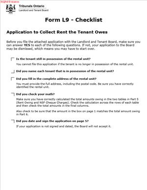 FORM L9 – Application to Collect Rent the Tenant Owes