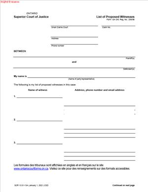 Form 13A – List of Proposed Witnesses