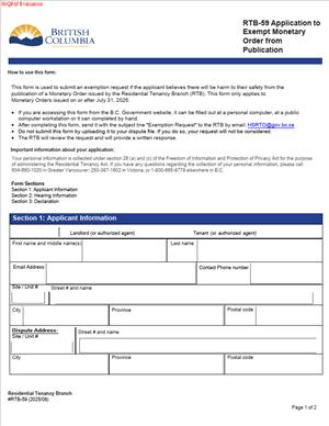 RTB-59 – Application to Exempt Monetary Order from Publication