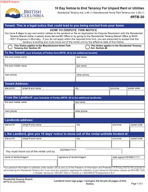 RTB-30 – 10 Day Notice to End Tenancy For Unpaid Rent or Utilities