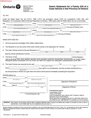 Sworn Statement for a Family Gift of a Used Motor Vehicle