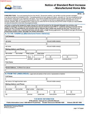 RTB-45 – Notice of Standard Rent Increase – Manufactured Home Site