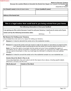 N13 – Notice to End your Tenancy Because the Landlord Wants to Demolish the Rental Unit, Repair it or Convert it to Another Use