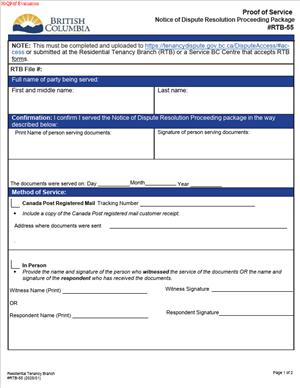 RTB-55 – Proof of Service Notice of Dispute Resolution Proceeding Package