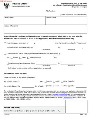 Request to Pay Rent to the Board on a Tenant Application About Maintenance