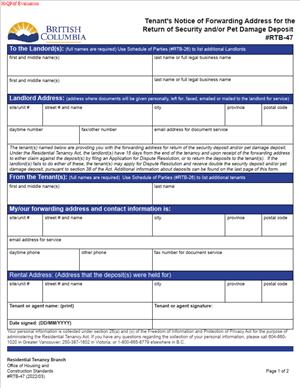 RTB-47 – Tenant’s Notice of Forwarding Address for the Return of Security and/or Pet Damage Deposit