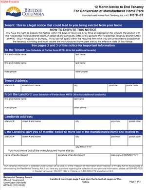 RTB-31 – 12 Month Notice to End Tenancy for Conversion of Manufactured Home Park in British Columbia