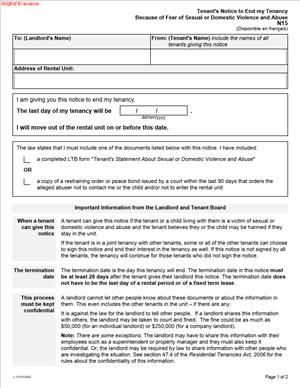 N15 – Tenant’s Notice to End my Tenancy Because of Fear of Sexual or Domestic Violence and Abuse