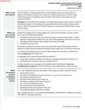 N14 – Landlord’s Notice to the Spouse of the Tenant who Vacated the Rental Unit