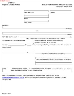 Form 20N – Request to Renew Writ of Seizure and Sale