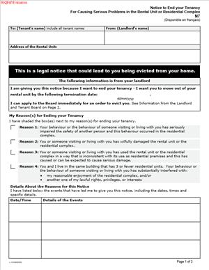 N7 – Notice to End your Tenancy For Causing Serious Problems in the Rental Unit or Residential Complex