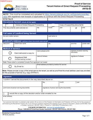 RTB-50 – Proof of Service – Tenant Notice of Direct Request Proceeding