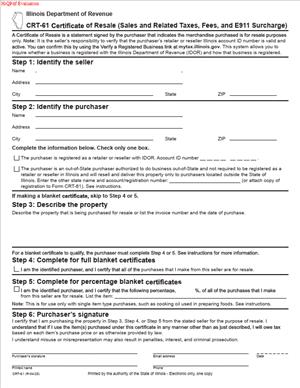 CRT-61 Certificate of Resale (Sales and Related Taxes, Fees, and E911 Surcharge)