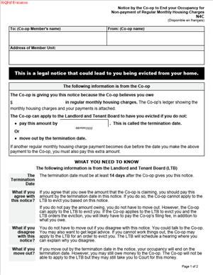 N4C – Notice by the Co-op to End your Occupancy for Non-payment of Regular Monthly Housing Charges