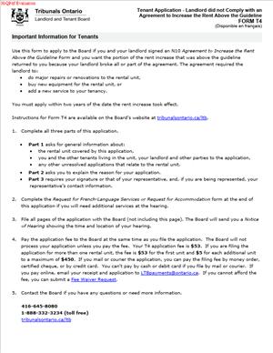 FORM T4 – Tenant Application – Landlord did not Comply with an Agreement to Increase the Rent Above the Guideline