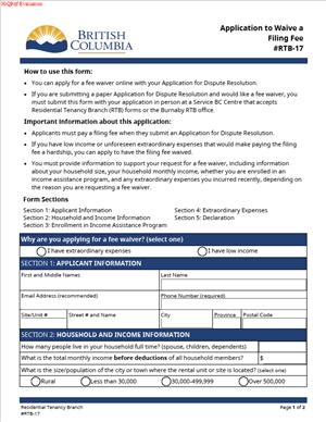 RTB-17 – Application to Waive Filing Fee