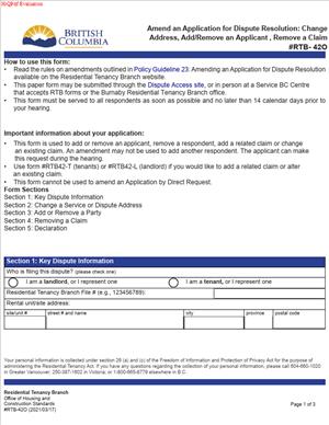RTB-42O – Amend an Application for Dispute Resolution: Change Address, Add/Remove an Applicant, Remove a Claim