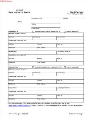 Form 7A – Plaintiff’s Claim