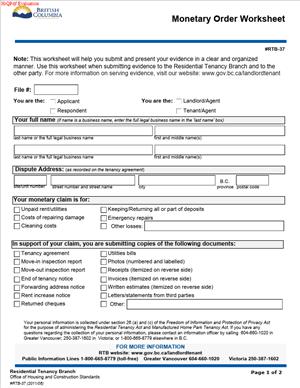 RTB-37 – Monetary Order Worksheet