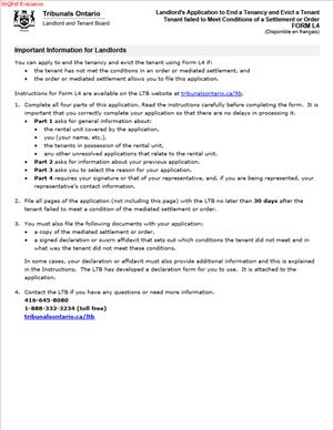 FORM L4 – Landlord’s Application to End a Tenancy and Evict a Tenant – Tenant failed to Meet Conditions of a Settlement or Order