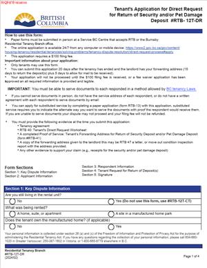 RTB-12T-DR – Tenant’s Application for Direct Request for Return of Security and/or Pet Damage Deposit