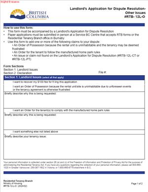 RTB-12L-O – Landlord Application for Dispute Resolution – Other Issues