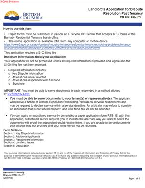 RTB-12L-PT – Landlord’s Application for Dispute Resolution Past Tenancy