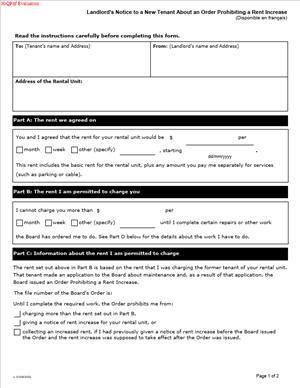 Landlord’s Notice to a New Tenant About an Order Prohibiting a Rent Increase