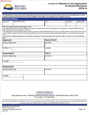RTB-18 – Landlord’s Request to Join Applications for Dispute Resolution