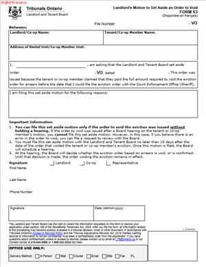 FORM S3 – Landlord’s Motion to Set Aside an Order to Void