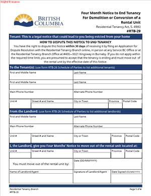 RTB 29 – Four Month Notice to End Tenancy For Demolition or Conversion of a Rental Unit