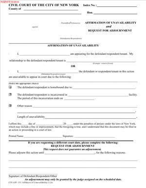 CIV-GP-151 – Affirmation of Unavailability and Request for Adjournment